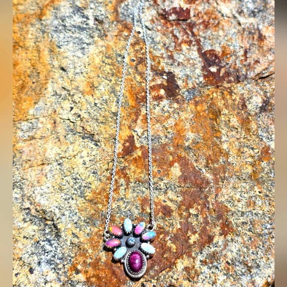 Opal & Purple Spiny & CZ Sterling Gemstone Necklace